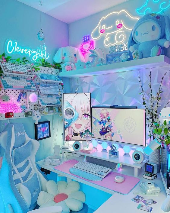 a blue gaming desk setup with a small corner desk and a stand, pink, white and blue neon lights, a board with keyboards, some lovely toys