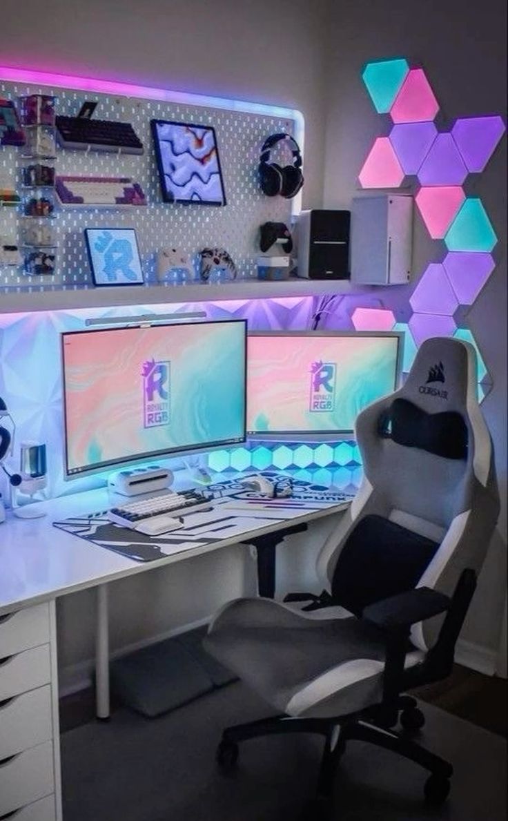 a cute gaming space with lots of neon lights