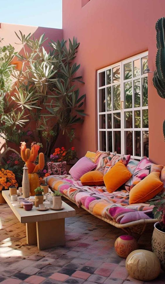 a bright boho terrace with rust walls, a colorful sofa and bright pillows, a coffee table, potted plants and blooms