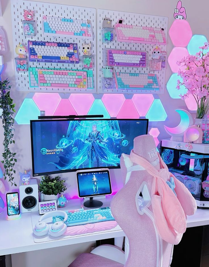 a bright neon gaming desk setup with a board with keyboards and decor, a PC and more devices, a pink chair and pink and aqua neon lights
