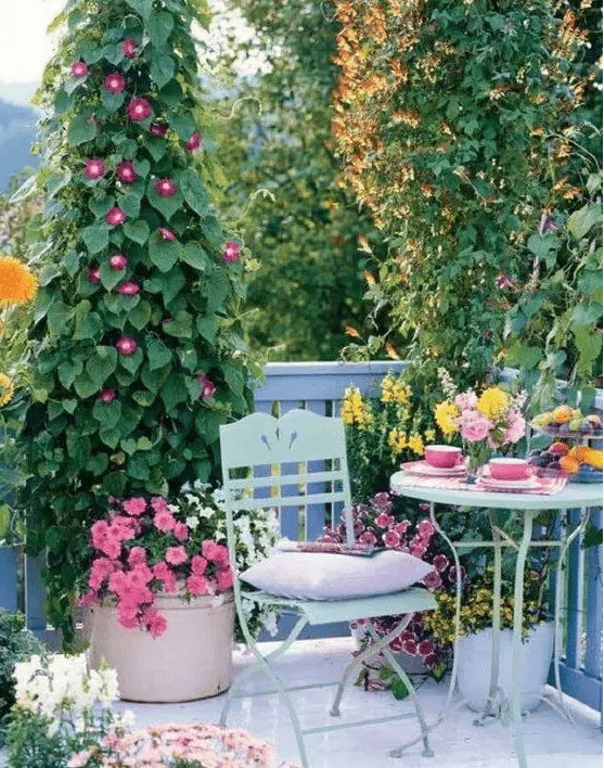 a bright spring terrace with elegant vintage furniture of metal, pastel pillows, bold potted blooms and greenery