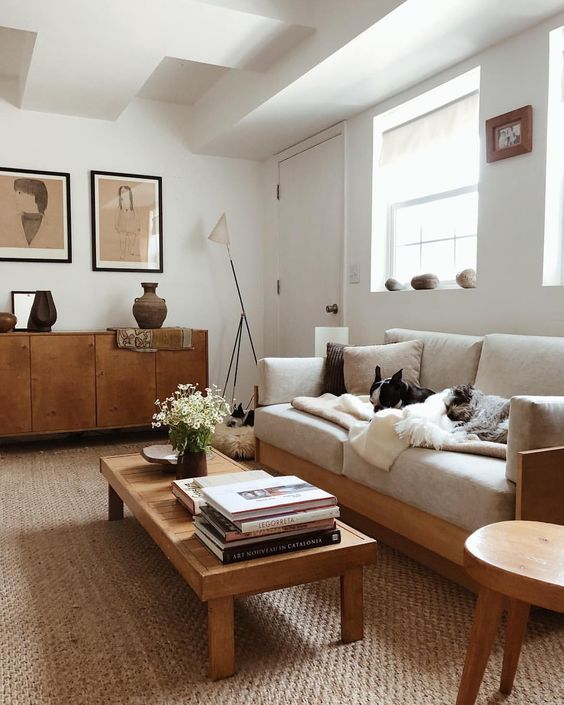 a chic modern living room with a stained credenza, a jute rug, stained furniture and a neutral sofa and some decor