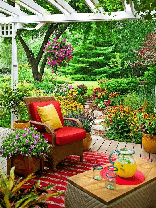 a colorful spring terrace with an amazing surrounding