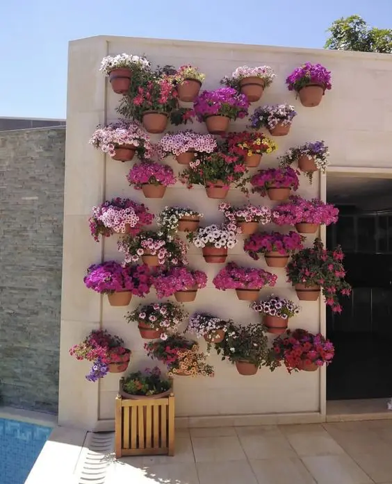 a creative and bold vertical garden with planters attached to the wall and super bright fuchsia and pink blooms in them