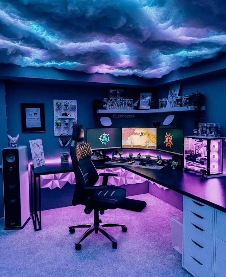 a gorgeous gaming desk setup with colorful cloud lights, a corner desk and a shelf, sound-proof panels, lights and a chair and some decor
