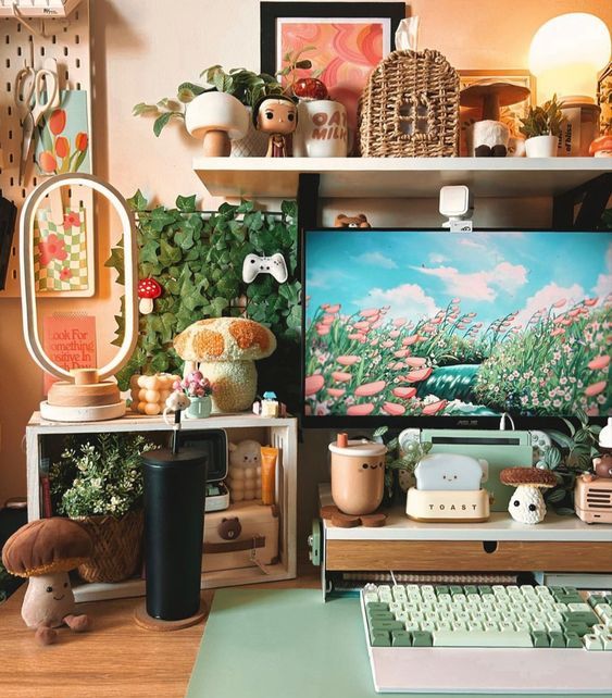 a green gaming desk setup with a shelf with decor, a desk, green touches, lotsof toys and figurines, a couple of creative lamps