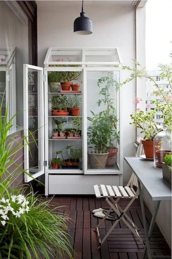 a large glasshouse with veggies and herbs and a small table with potted greenery and herbs are a cool combo for a balcony
