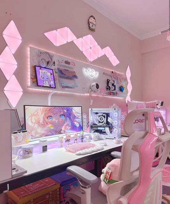 a light pink gaming setup with neon lights, a board with toys and devices, a desk with a cool PC, some decor and a pink and white chair