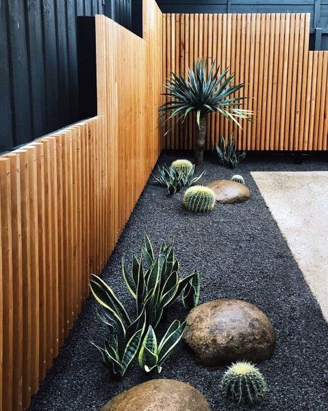 a minimalist space with a stained fence, agaves, cacti and rocks is a super stylish and refined idea for a modern garden