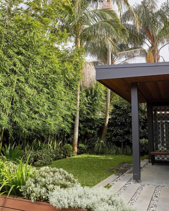 a modern garden with a green lawn, agaves, shrubs and trees is a cool and lovely space to be in