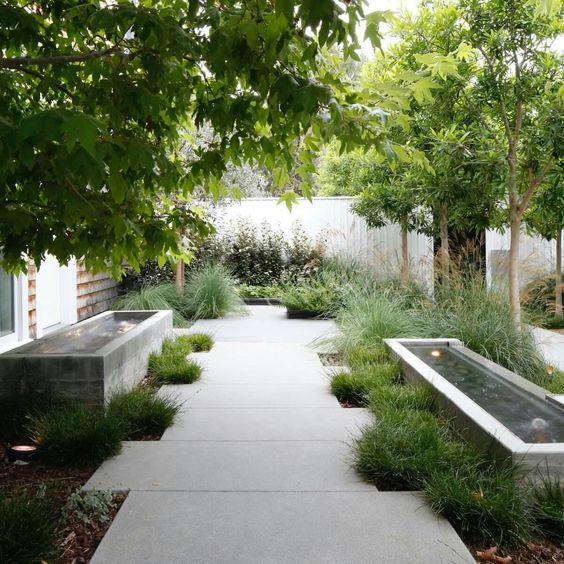 a modern garden with large pavements, concrete water bodies, trees and grasses is a cool and refined space