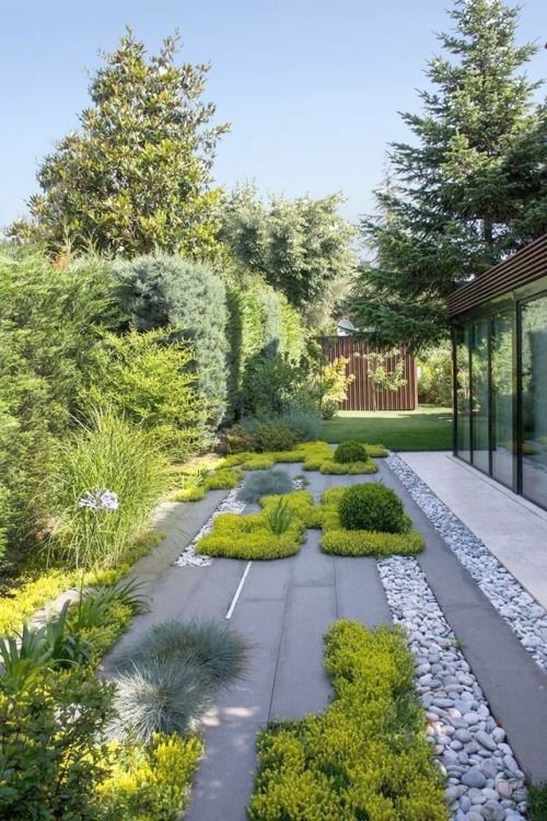a modern garden with pavements, pebbles, greenery and grasses is a stylish and sophisticated space