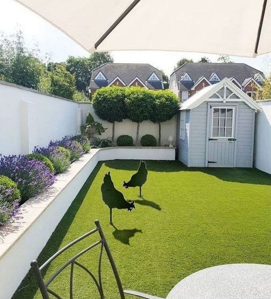 a modern manicured garden with a green lawn, raised garden beds with lavender and some moss birds is a cool and lovely space