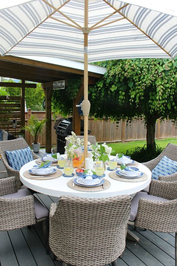 a modern rustic outdoor space with a round table, wicker chairs, blooms and greenery and printed pillows