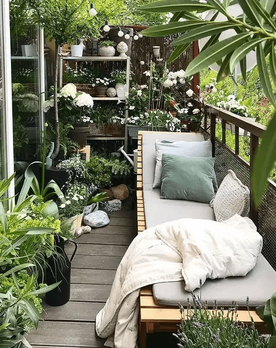 a modern small balcony turned into a real orangery, with a modern planked daybed and lots of potted plants and blooms around