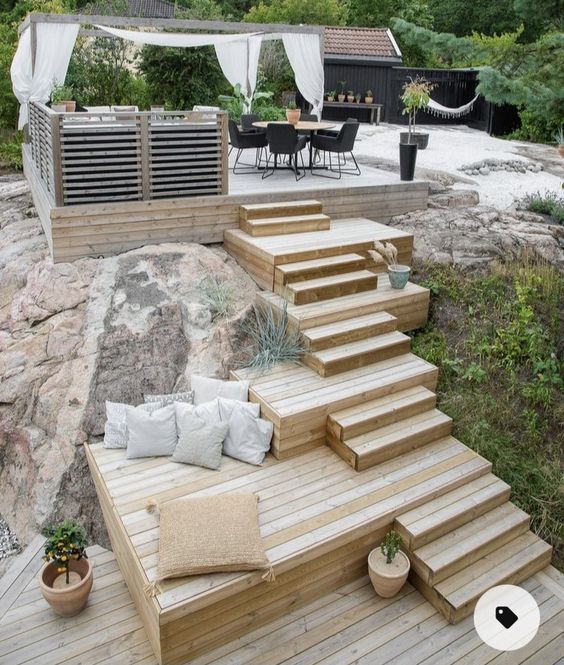 a multi-level deck with a dining zone and kitchen on top, some wooden steps and a sitting zone in the end of the stairs is a cool and smart idea