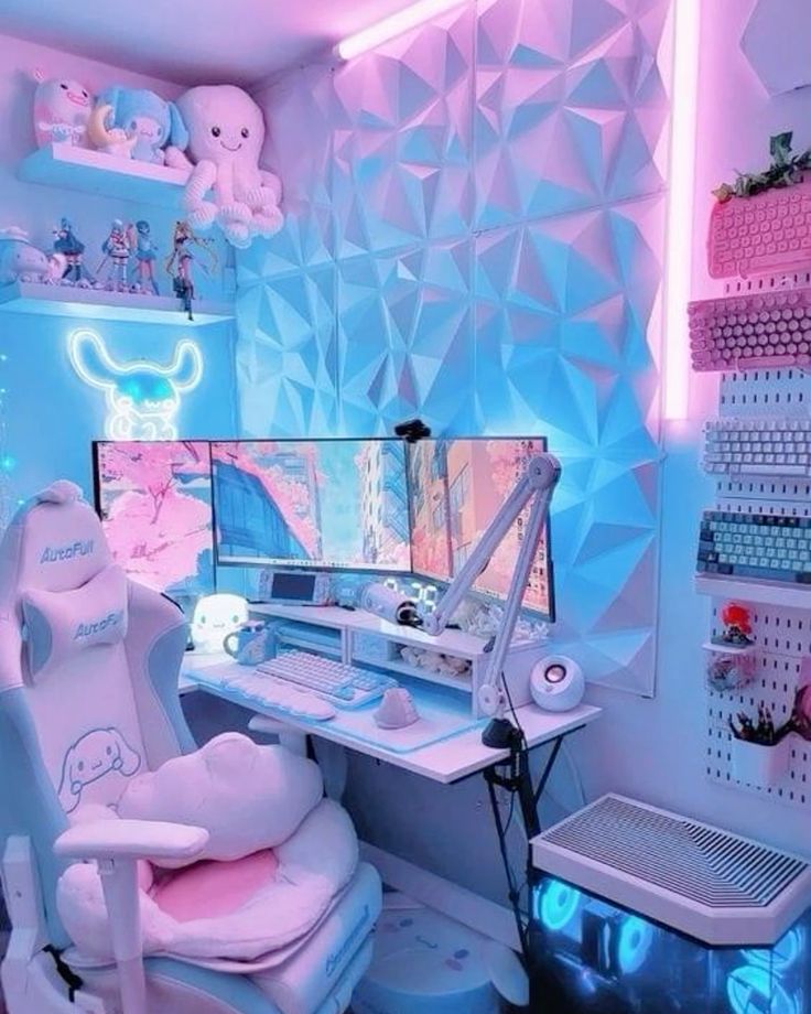 a neon gaming desk setup with a desk, a white chair, some shelves with toys, neon lights, keyboards and a triple screen
