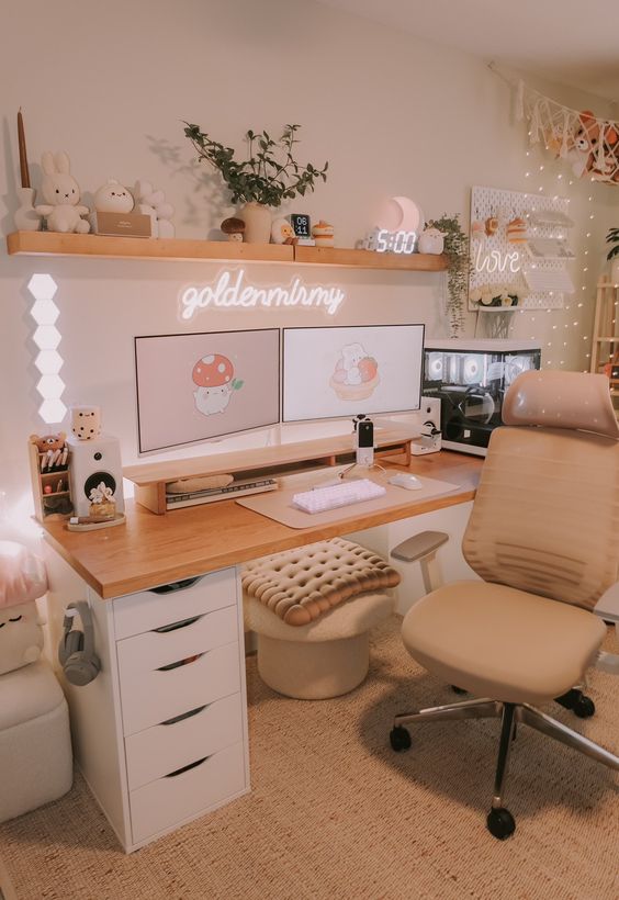 a neutral gaming desk setup with a chair, a shelf with decor, lights, neon lights, lots of cute figurines and other stuff