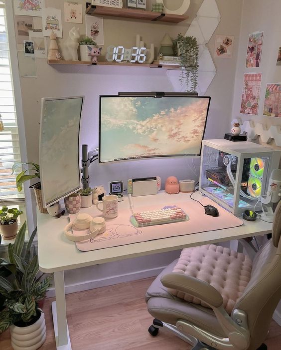 a neutral gaming desk setup with a white chair and a cushion, an incredible PC, some shelves with decor and a gallery wall