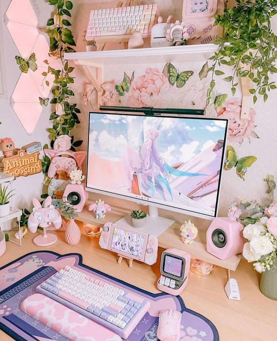 a pastel pink and lilac gaming desk setup with a PC, a lilac and blush keyboard and desk cover, pink geo lights on the wall and various pink decorations