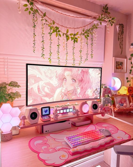 a pink gaming desk setup with a desk and a stand, creative lamps and lights, greenery and toys and decor