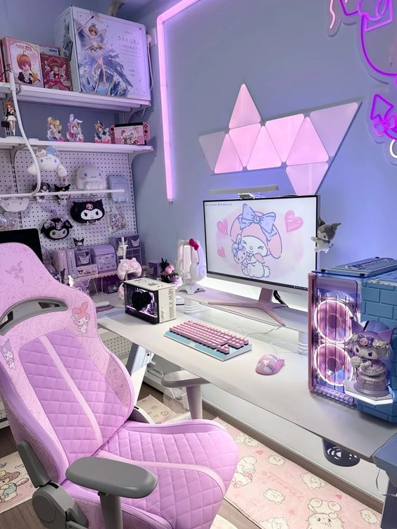 a pink gaming desk setup with a memo board with decor and some shelves, a desk, a pink chair,a  PC and neon lights and figurines