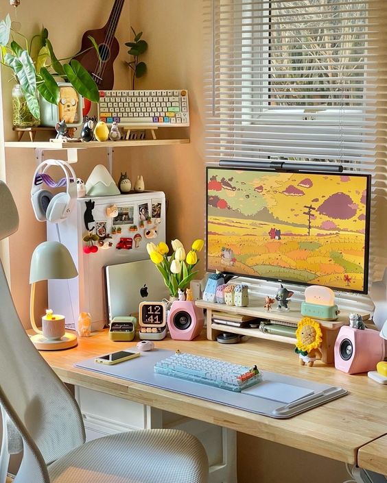 a pretty and stylish gaming desk setup with a white chair, pastel kawaii decor, potted plants and various details is amazing