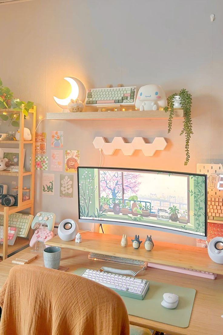 a small pastel gaming desk setup with some pastel green touches, potted plants, lights and figurines is wow
