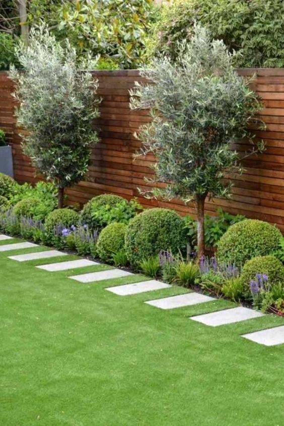 a stained fence with trees, shrubs, blooms and greenery are a cool idea for a modern garden