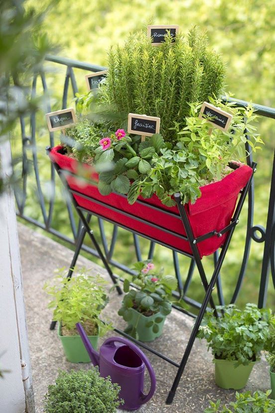 a stand with a red plant with herbs and chalkboard marks and some small planters with herbs is a cool idea for a tiny balcony, it will add some color