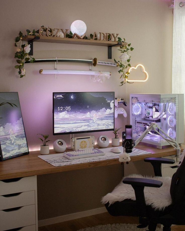 a stylish gaming desk setup with a shelf with decor, a black chair with faux fur, a lilac PC and some neon lights