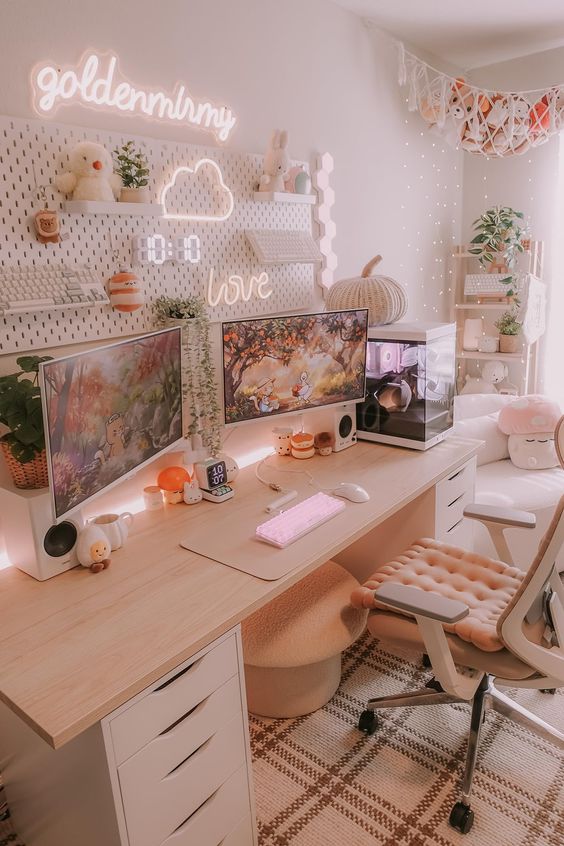 a super cute gaming setup with a large desk, a chair with a cushion, some neon lights, decor and plush toys