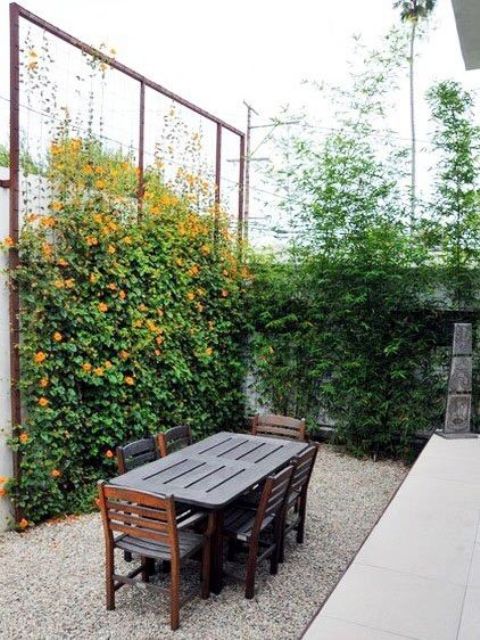 a tall trellis covered with greenery and orange blooms doubles as a privacy screen for the terrace is a cool idea for a modern farmhouse space