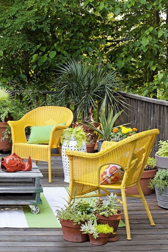 a terrace with bold yellow wicker chairs, potted blooms and greenery looks lively, fresh and bold