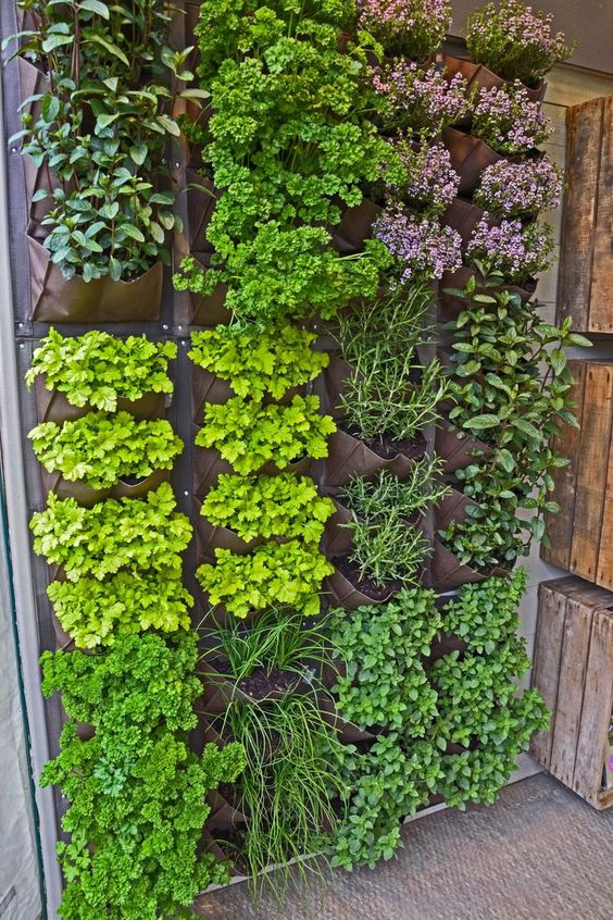 a vertical garden of pockets and various blooms and herbs is a cool idea for a balcony or just a small outdoor space and it will allow you to have fresh herbs