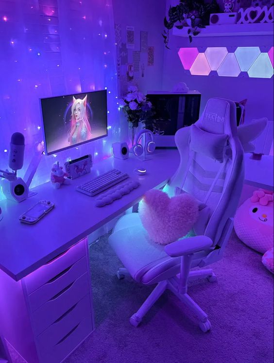 a violet gaming desk setup with a desk, and a chair, violet lights, lights on the wall, neutral furniture and devices