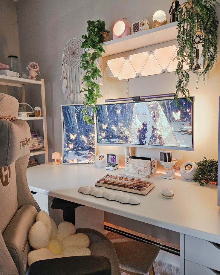 a white gaming desk setup with a comfy chair with a flower pillow, a shelving unit and a shelf with decor, lights and a PC is wow
