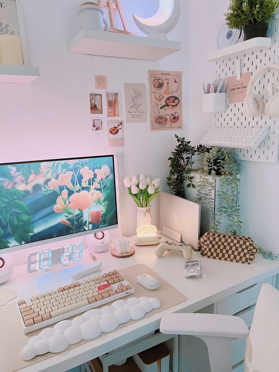 a white gaming desk setup with a white chair, a cloud piece, lamps and lights, a gallery wall and some decor