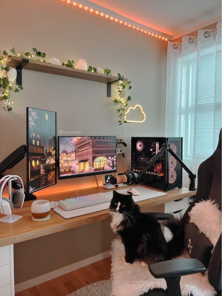 an elegant neutral and black gaming desk setup with a desk, a black chair with faux fur, a black PC, a neon light and lights on the shelf