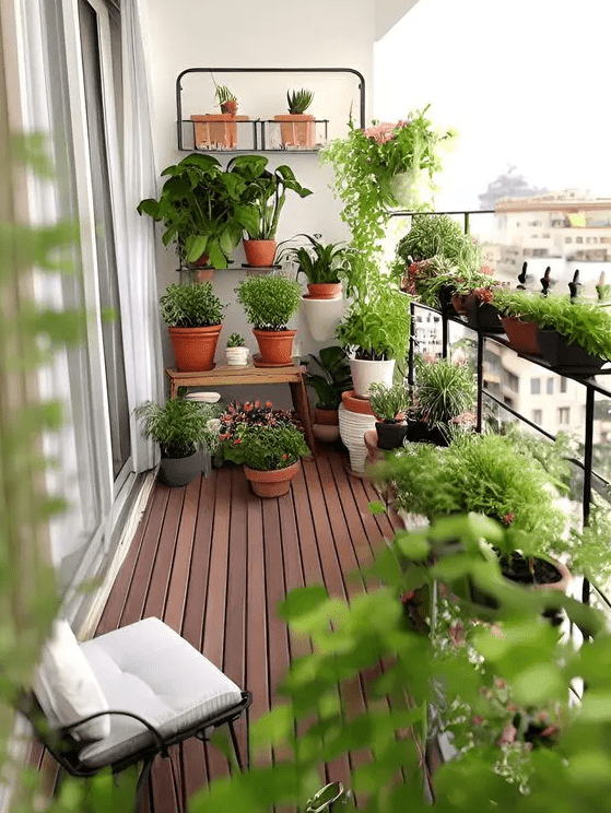railing planters with greenery and blooms and usual ones on the floor make the space cooler and fresher