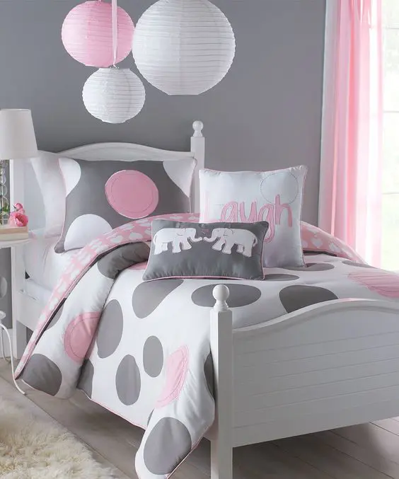 grey and pink polka dot bedding
