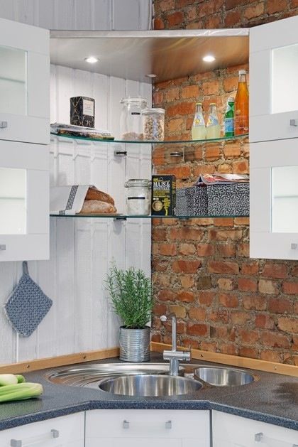 glass open shelving with lights
