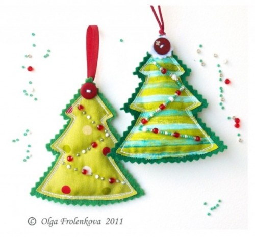 bright red and green Christmas ornaments with embroidery and beading, with buttons and loops are perfect and colorful holiday decorations to rock