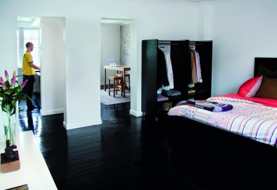 Apartment With Completely Black Wood Floors and 60 Square Meter Living Space