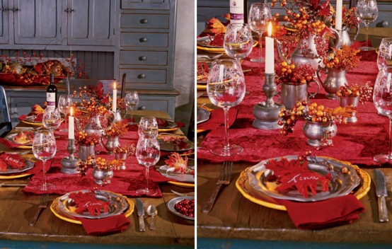 As the weather cools down, warm up your festive dinner with rich reds and oranges.