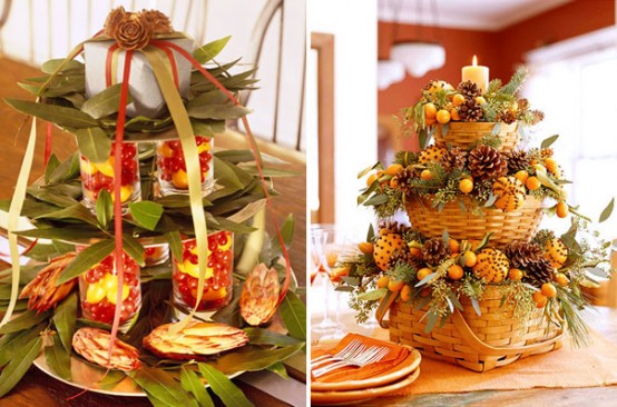 Add some simple country charm to your Thanksgiving table with a beautiful tiered centerpiece. A bunch of stacked baskets filled with kumquats and pinecones would work fine.