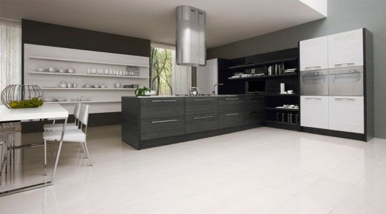 a contemporary black and white kitchen with a white shelving unit, a black kitchen island, a black shelving unit on the side and a large fridge