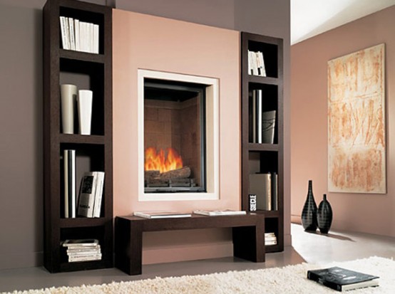 Built-in Fireplace With Wooden Shelves – Biblio By Chazelles