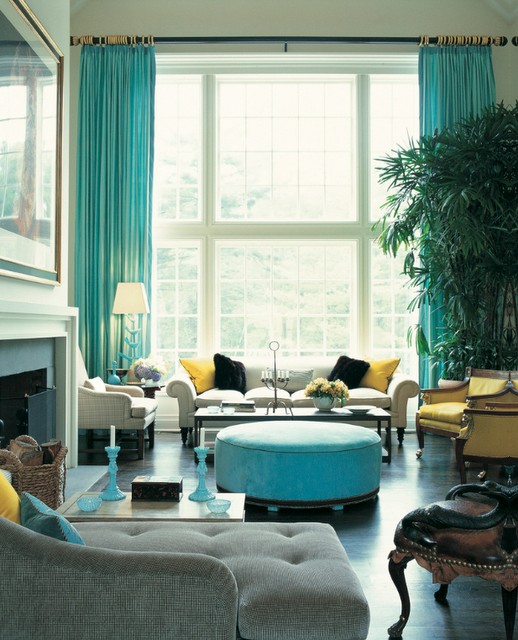 Colorful Turquoise And Yellow Living Room