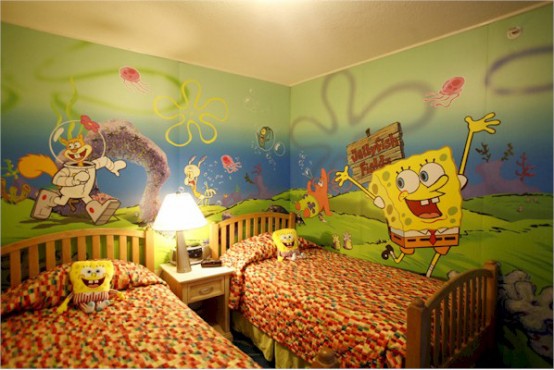 Sponge Bob themed shared kids' room is very colorful and bright and will be loved by those who enjoy cartoons